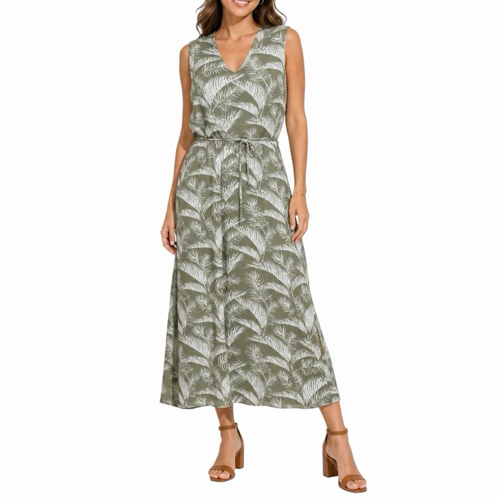Chico’s Size 3 Tropical Palm Maxi Dress Women’s 16 XL Belt Olive Green Resort